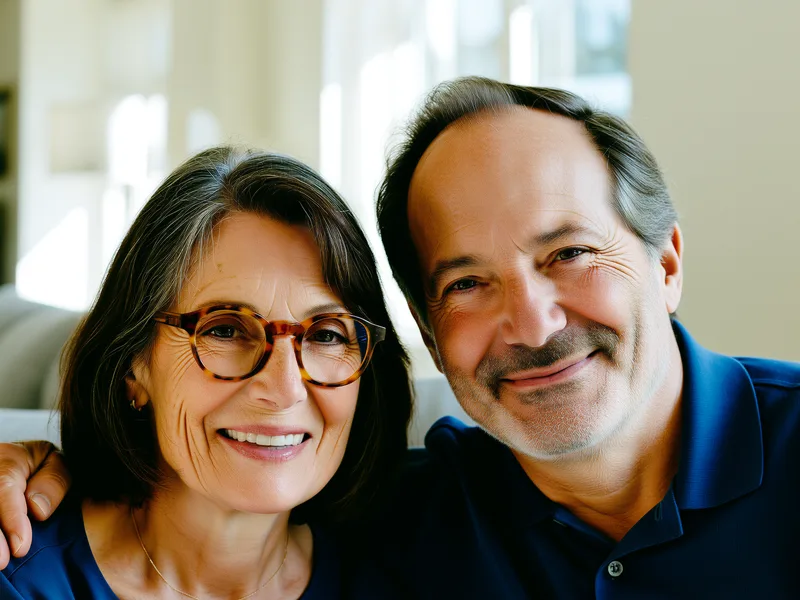 Un couple d'une cinquantaine d'années souriant, assis côte à côte dans leur salon.