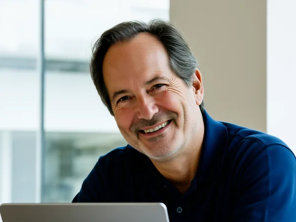 Un homme d'une cinquantaine d'années, souriant, une tablette sur les genoux.