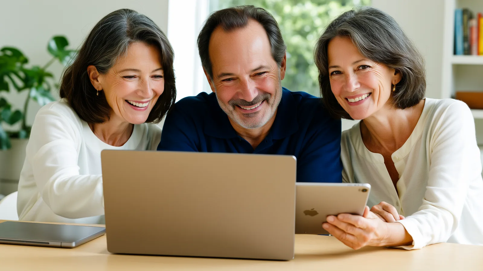 Trois personnes d'une cinquantaine d'années découvrent ensemble un ordinateur portable et une tablette, chez elles.