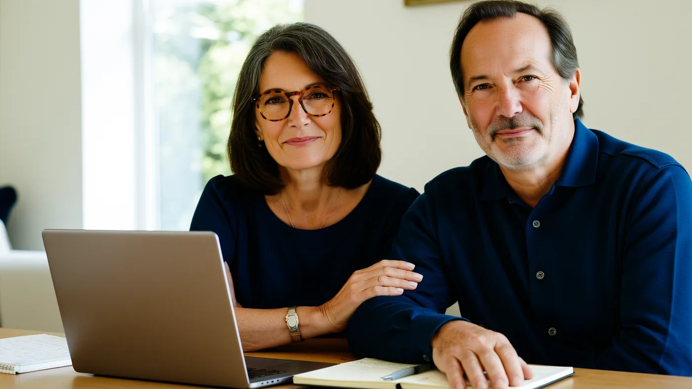Un couple d'une cinquantaine d'années utilise l'intelligence artificielle sur un ordinateur portable.
